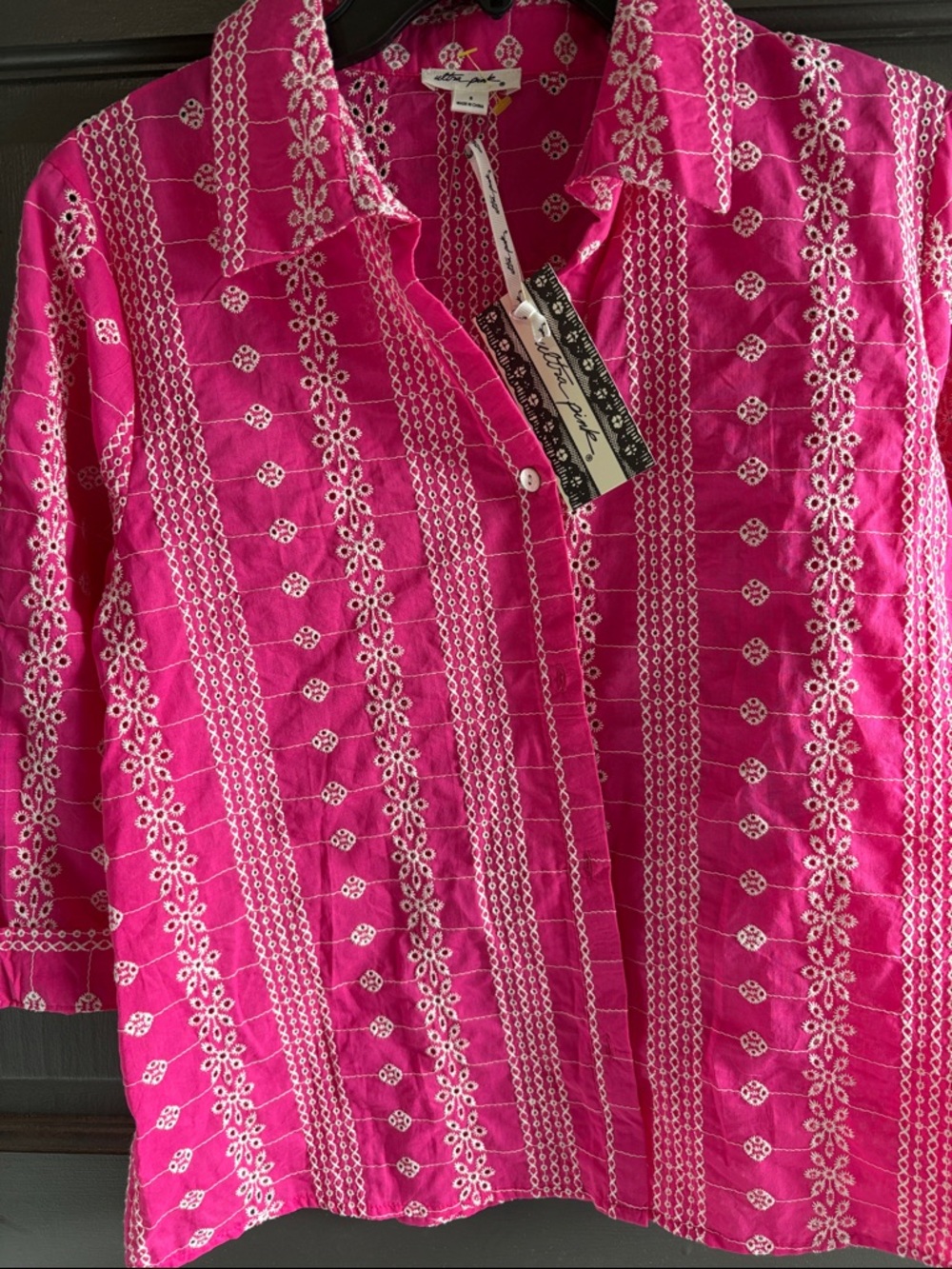 Bright Pink Embroidered Button-Up Shirt NWT - Picture 4 of 5